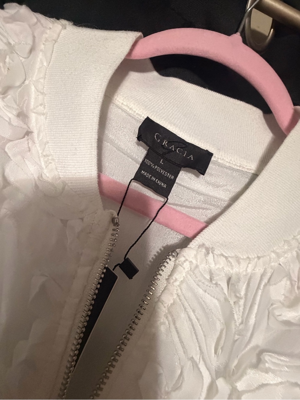 Gracia White Textured Bomber Jacket with Silver Zipper